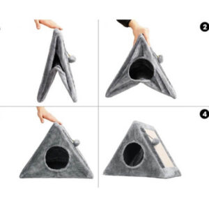 Trikampis draskymo stulpas katėms – su guoliu ir žaislu