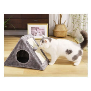 Trīsstūra skrāpējamais stabs kaķiem – ar midzeni un rotaļlietu