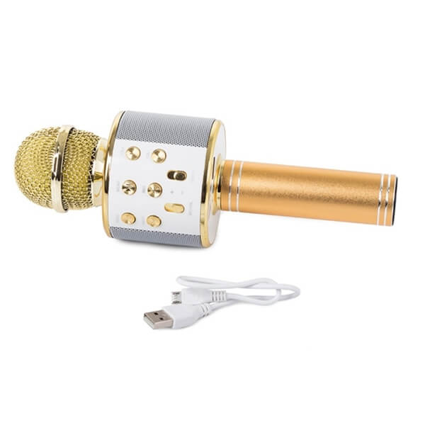 Bluetooth wireless microphone karaoke gold w Беспроводной Bluetooth караоке-микрофон – с модулятором голоса, круглый золотой дизайн