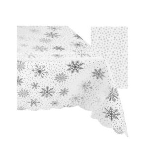 Suur jõululaudlina 220×140 cm – valge hõbedaste lumehelvesteg