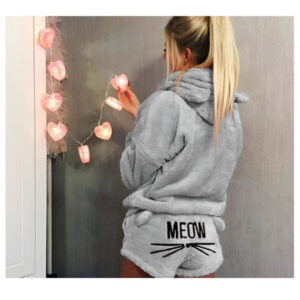 Naiste kodune kostüüm – soe kaheosaline pidžaama kapuutsiga – hall, suurus M