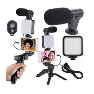 Vlogging kit: tripod, microphone, phone holder, and video recording accessories