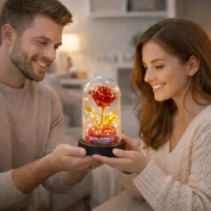 Igavene kristallroos kuplis LED-valgustusega – punane südame ja konfettidega (14 × 8 cm)