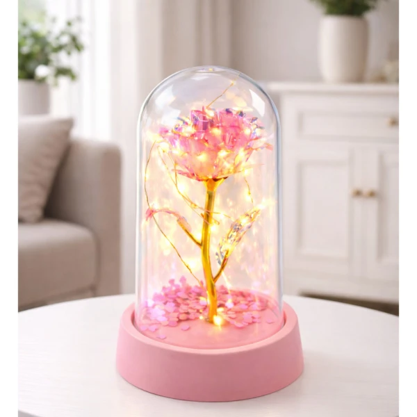 Eternal crystal rose in dome with LED lighting Pink 14x8cm w 31x Igavene kristallroos kuplis LED-valgustusega – roosa südametega (14 × 8 cm)
