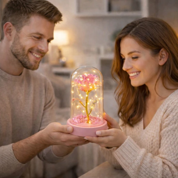 Eternal crystal rose in dome with LED lighting Pink 14x8cm w1 11x Igavene kristallroos kuplis LED-valgustusega – roosa südametega (14 × 8 cm)