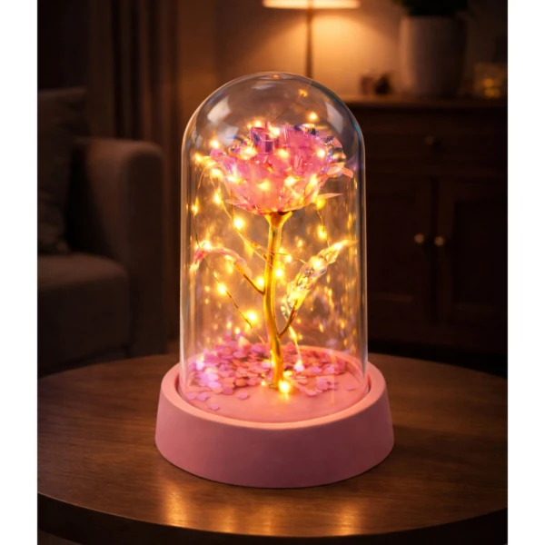 Eternal crystal rose in dome with LED lighting Pink 14x8cm w2 11x Igavene kristallroos kuplis LED-valgustusega – roosa südametega (14 × 8 cm)
