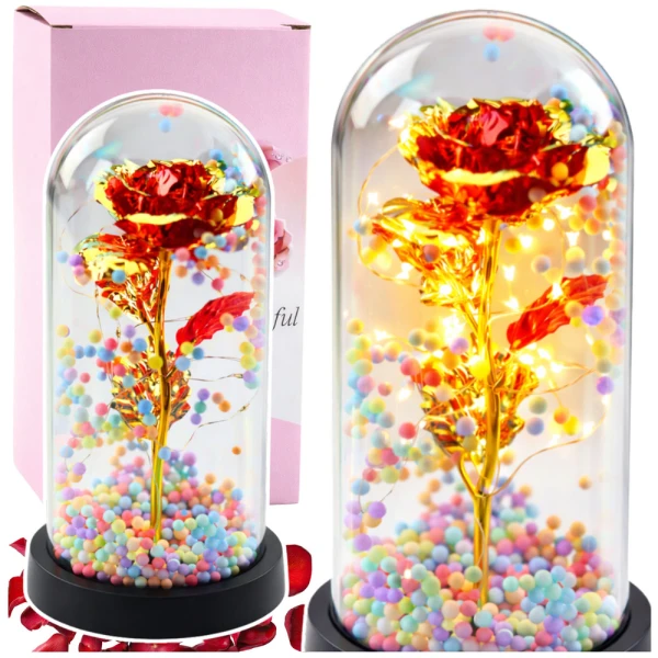 Eternal rose In glass crystal LED lighting balls red 21x11cm 11x Amžinoji raudona rožė kupole su LED apšvietimu ir dekoratyviniais kamuoliukais (21 × 11 cm)
