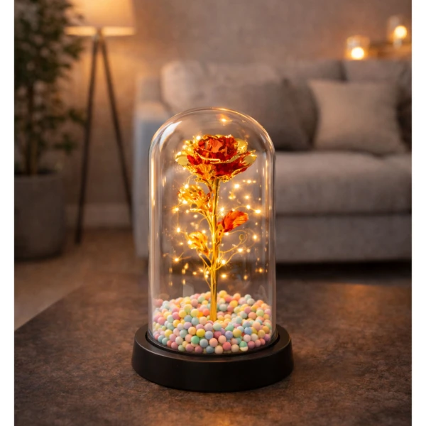 Eternal rose In glass crystal LED lighting balls red 21x11cm w 21x Amžinoji raudona rožė kupole su LED apšvietimu ir dekoratyviniais kamuoliukais (21 × 11 cm)