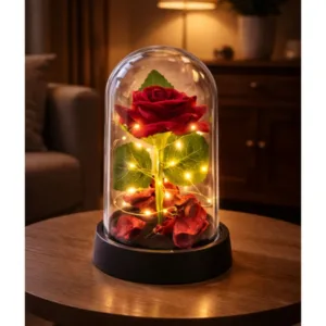 Igavene punane roos kuplis LED-valgustusega ja roosi kroonlehtedega (14 × 8 cm)