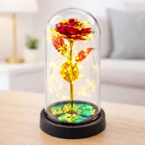 Eternal red rose in a glass dome with LED lighting (21 × 11 cm)