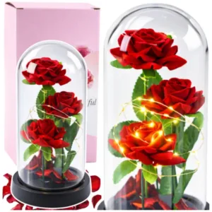 Вечные красные розы в колбе с LED-подсветкой и лепестками роз (21 × 11 см) / Вечная роза