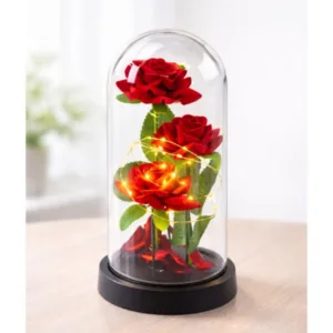 Eternal red roses in a glass dome with LED lighting and rose petals (21 × 11 cm) / Eternal rose