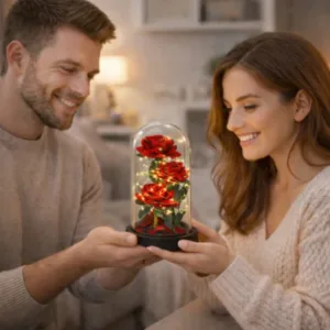 Eternal red roses in a glass dome with LED lighting and rose petals (21 × 11 cm) / Eternal rose